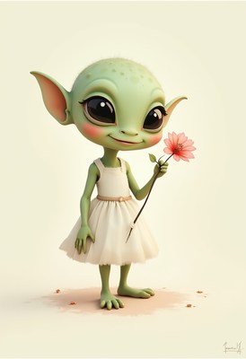 Cute alien character holding a flower in a dress