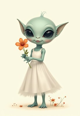 Cute alien character with a flower in a dress