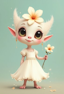 Cute fairy character holding a flower in a serene setting
