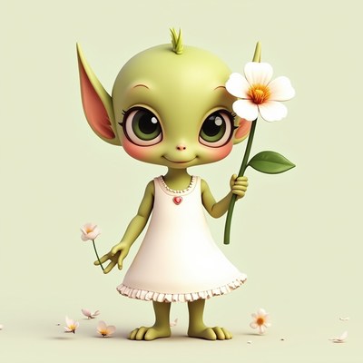 Cute green creature with flower in hand stands proudly