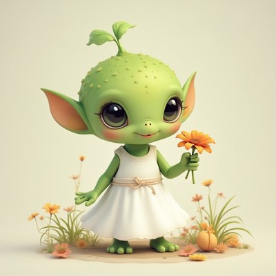 Cute green creature holding a flower in garden setting