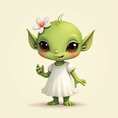 Charming green creature holds a treat and smiles cheerfully