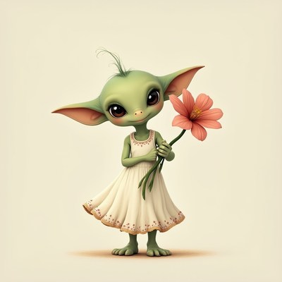 Cute green creature holding flower in elegant dress