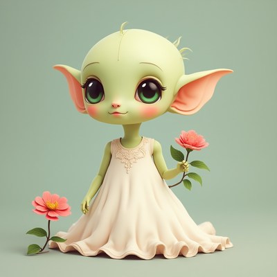 Cute fantasy character holding flowers in a pastel setting