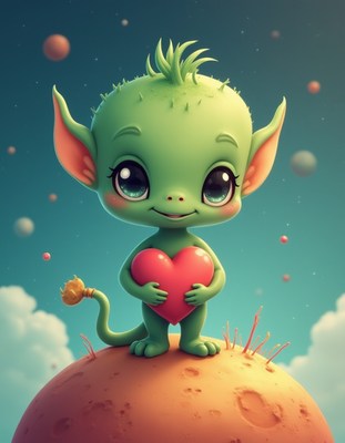 Cute green character holding heart on a foreign planet