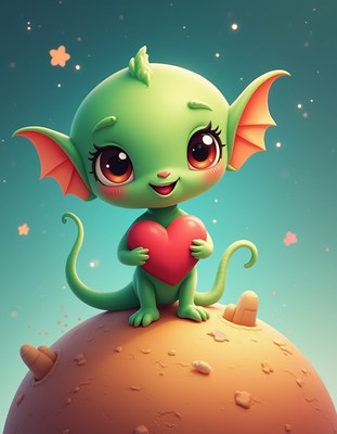Cute green creature holds a heart on a colorful planet