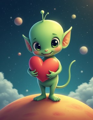 Cute green alien character holding a heart on a planet