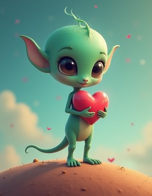 Cute green creature holding a heart on a hill