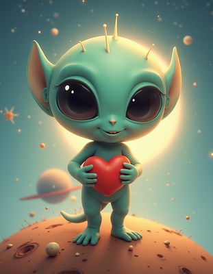 Cute alien character holds heart on whimsical planet