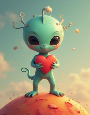 Friendly alien holding a heart on a colorful planet