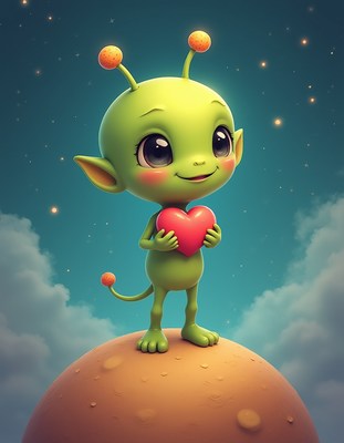 Cute green alien holding a heart on a distant planet