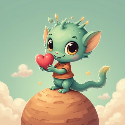 Cute creature on top of a hill holding a heart symbol