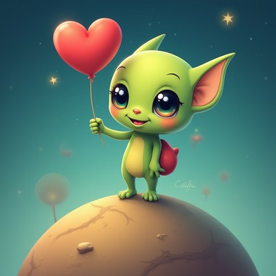Cute creature holding heart balloon on planet surface
