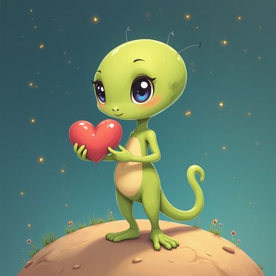 Cute green creature holding a heart on a grassy hill