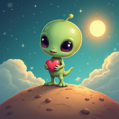 Cute alien character holding a heart on a distant planet