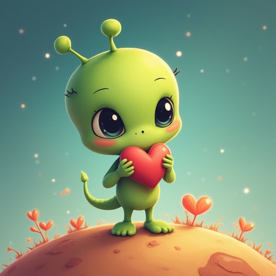Cute alien character holding a heart on a colorful planet