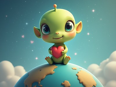 Cute green character holding a heart on earth