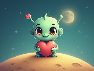 Cute alien character holding a heart on a moon