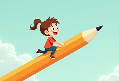 Child rides giant pencil in a whimsical sky setting