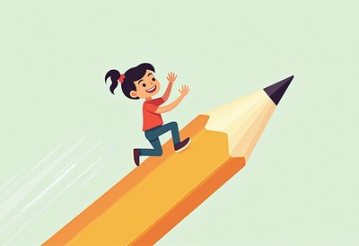 Child climbs giant pencil in bright and playful illustration