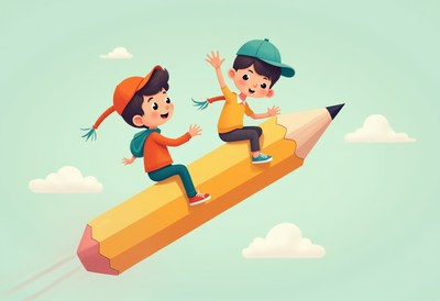 Kids enjoying an adventure on a giant pencil