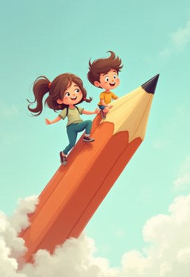 Kids enjoying a playful adventure on a giant pencil