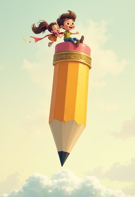 Kids riding a large pencil in a whimsical sky