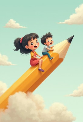 Kids riding a giant pencil through the clouds