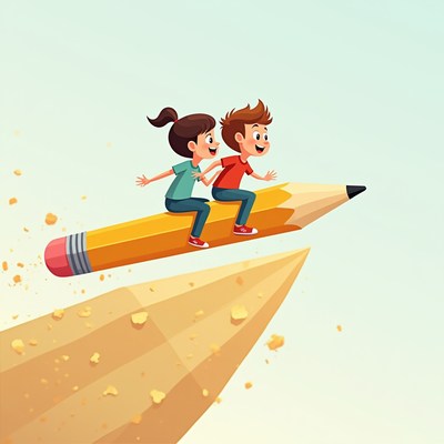 Children happily riding a giant pencil in the sky