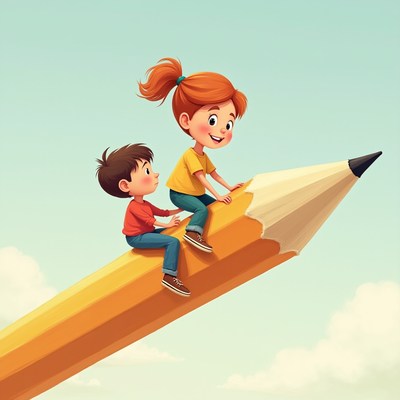 Kids enjoying a fun ride on a giant pencil in the sky