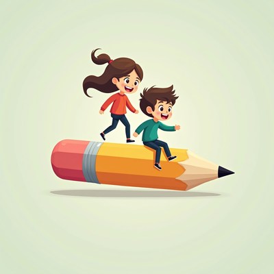 Kids enjoying a fun ride on a giant pencil