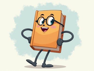 Cartoon book character smiling with glasses and arms