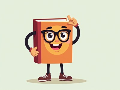 Fun character representing a book pointing and smiling