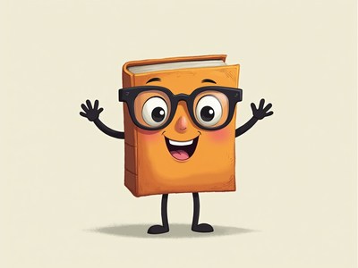Book character with glasses smiling joyfully