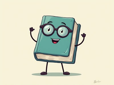 Happy cartoon book character with glasses waving