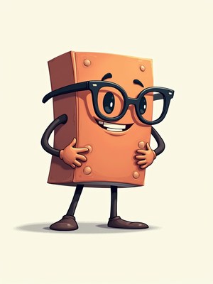Cheerful cartoon character with glasses and orange block