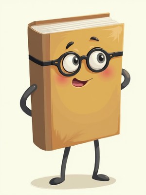 Cheerful cartoon book character stands with hands on hips