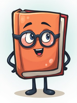 Friendly cartoon book character with glasses smiles happily
