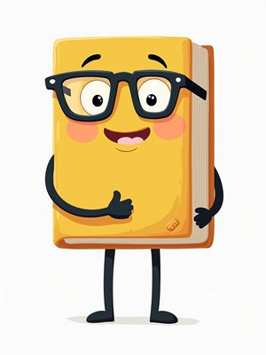 Cheerful cartoon book character with glasses and arms