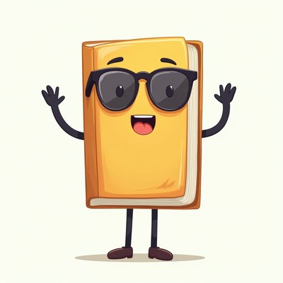 Cheerful cartoon book character with sunglasses waving