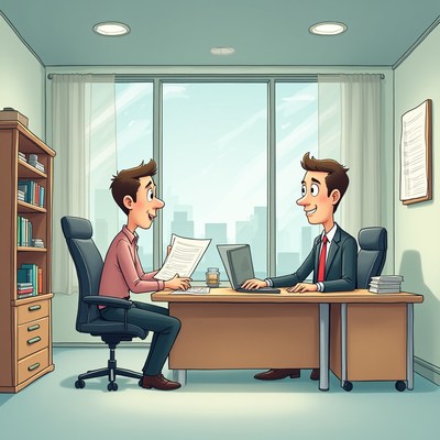 Two men share ideas in a bright office during an interview