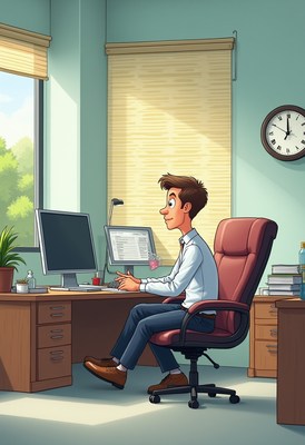 Young man working at a desk in a bright office