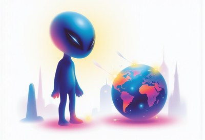 Alien stands next to earth in vibrant cosmic setting