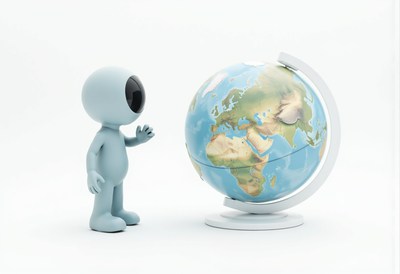 Character exploring globe in a minimalist setting