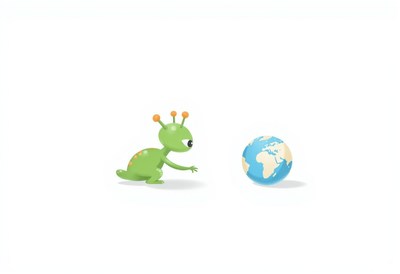 Green alien crawling towards earth in playful scenery