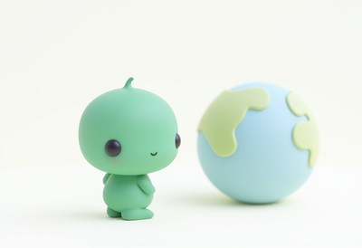 Cute green character with a small globe on white background