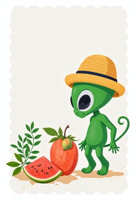 Cute alien character with fruits and a straw hat