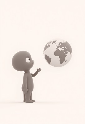 Alien character interacts with earth globe in playful manner