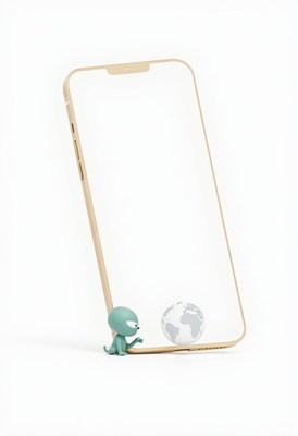 Creative phone with cartoon character and globe figure