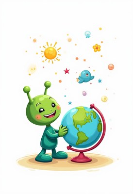 Friendly alien explores the world with a globe